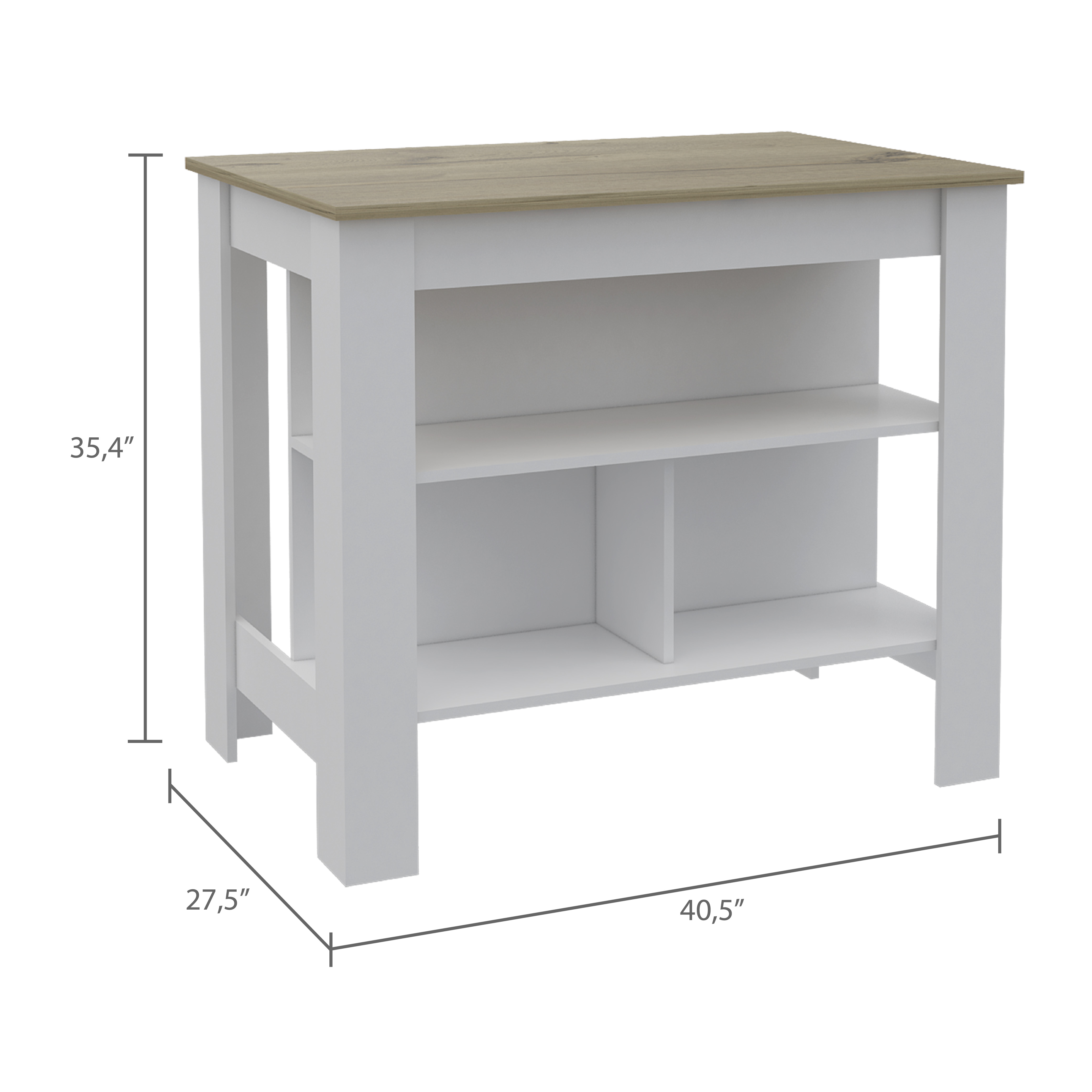 Cala Kitchen Island, Four Legs, Three Shelves  -White / Light Oak